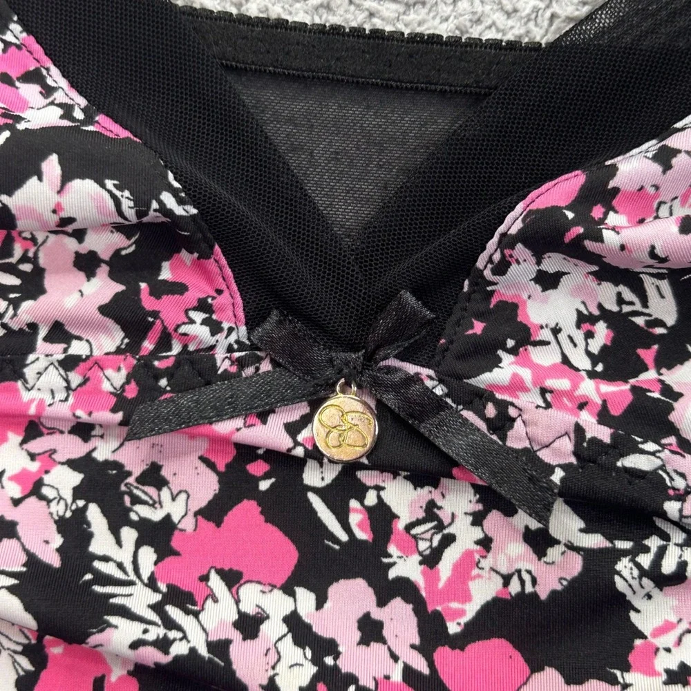 Jessica Simpson Floral Chemise Pink Black Mesh Slip Medium Coquette Y2K Dainty